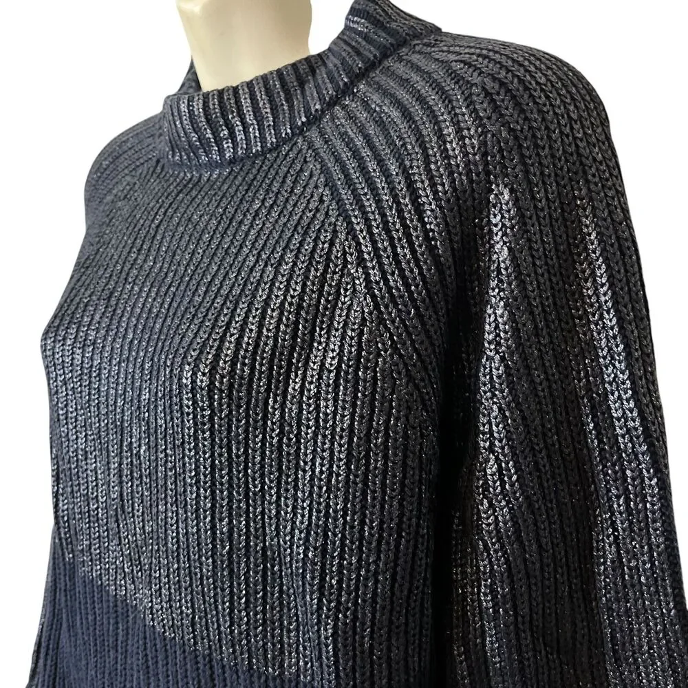 Chicos Womens Cotton Blend Navy Metallic Long Sleeve Chunky Knit Sweater 2 L